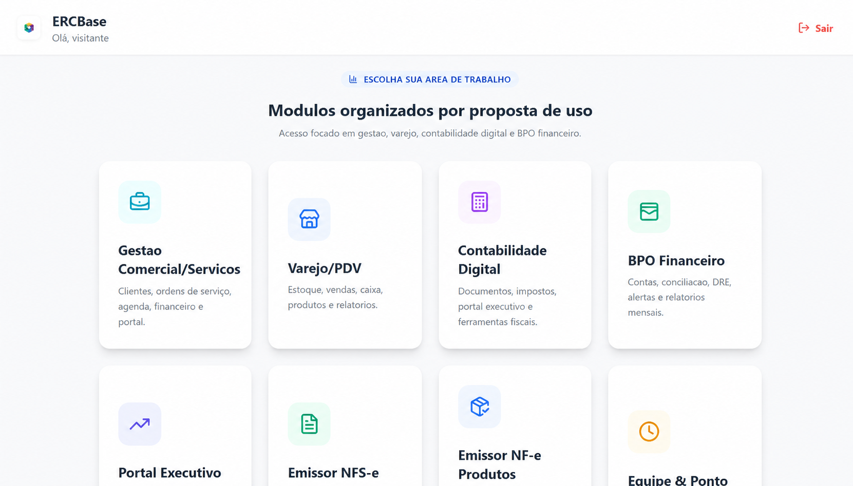Tela do StokÁgil com os módulos de gestão empresarial disponíveis